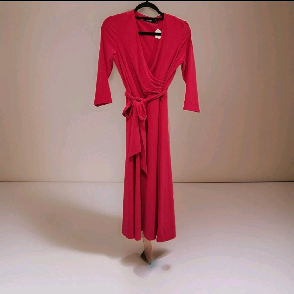Lauren Ralph Lauren Dress 4 Pink Faux Wrap Midi Black Label Valentines